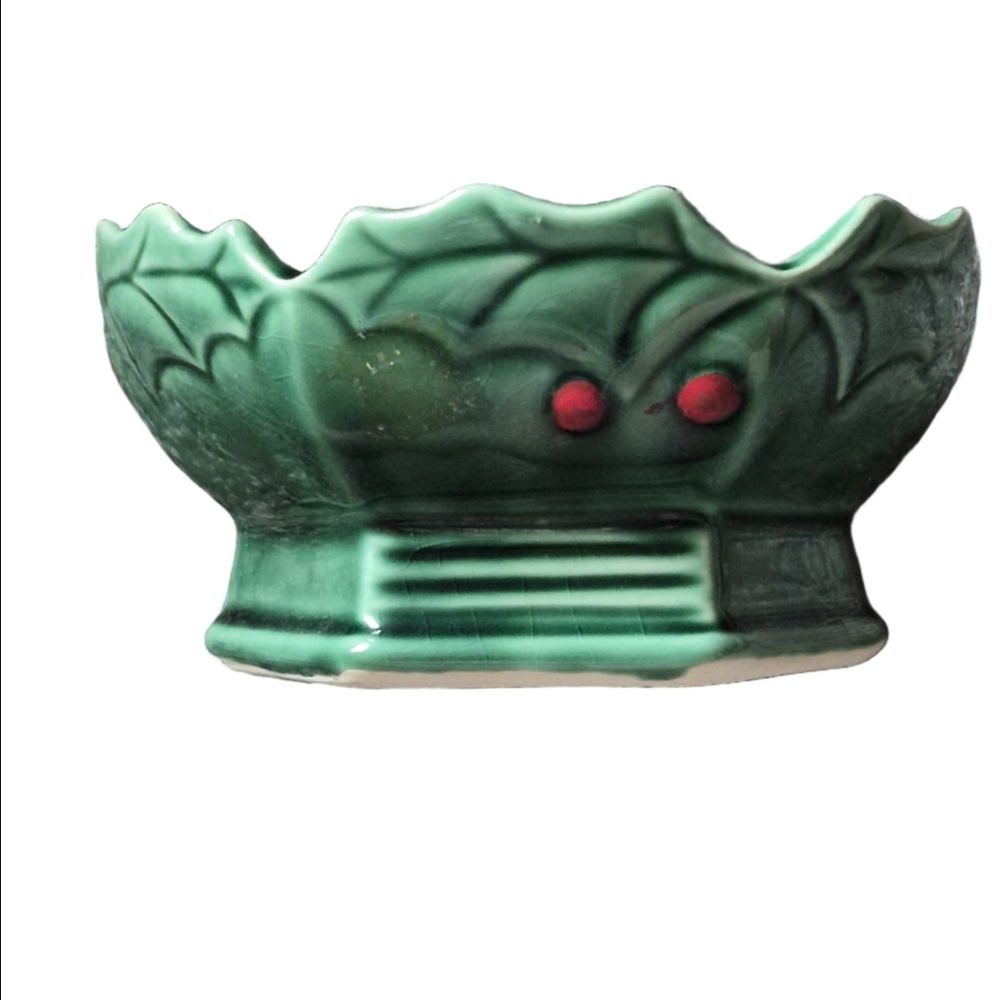 Mccoy Green Holly Berry Ceramic Candle Holder